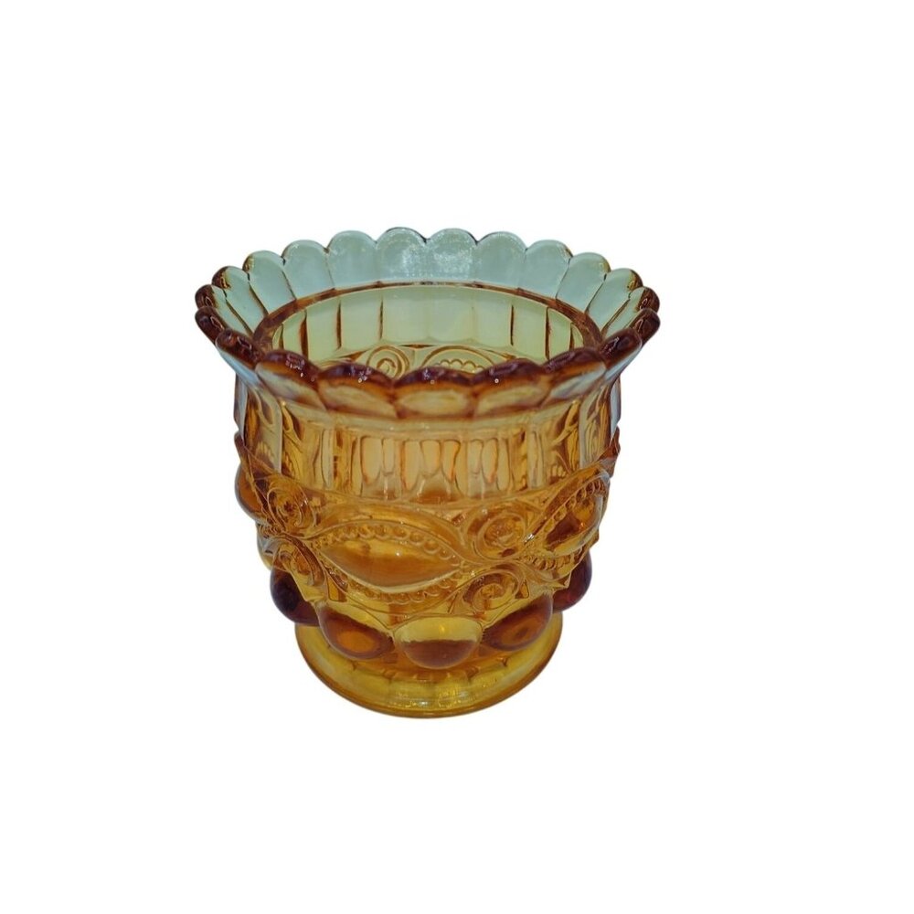Sugar Bowl Press Glass Honey Brown Scalloped Edge Winker Design 60s Vintage Boho